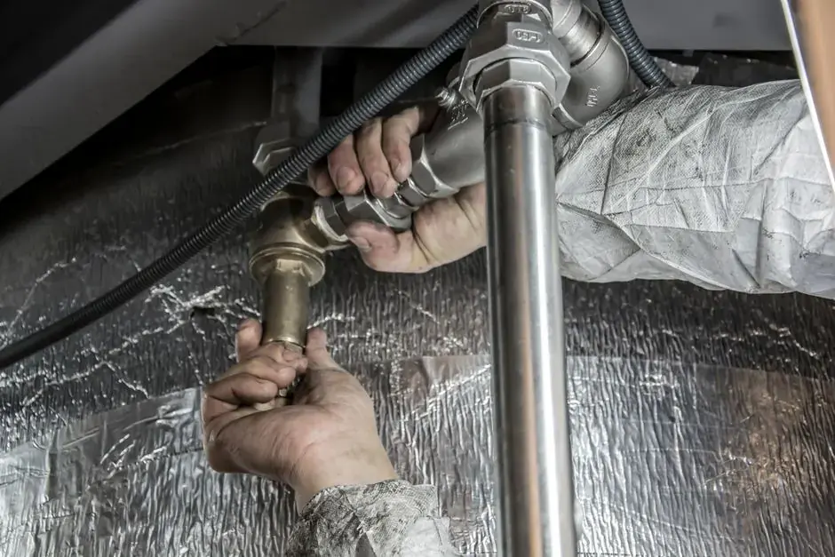 Hands tightening a steel pipe fitting during a boiler leak repair
